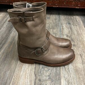 Frye Gray Leather Moto Boots with Buckles